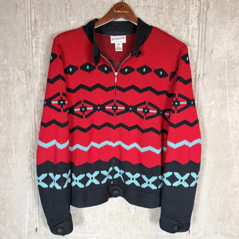 vtg‎ Pendleton Womens Red Geometric Southwestern Zip Cotton Knit Cardigan Large